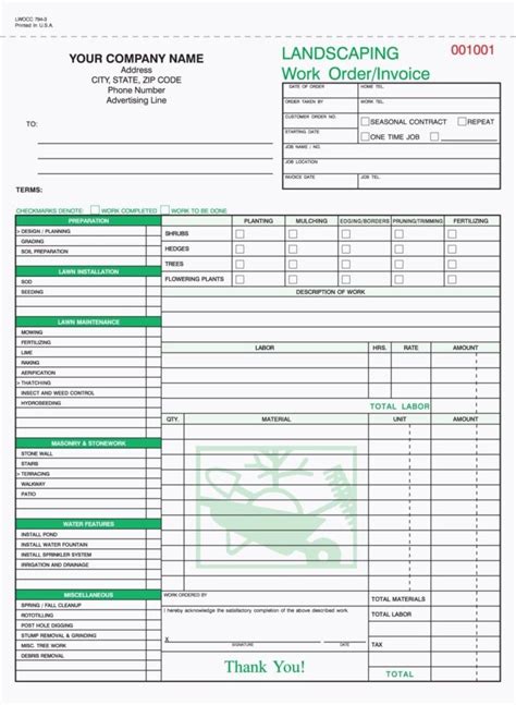 An Invoice Form With The Words Landscaping Work Order Invoice On It