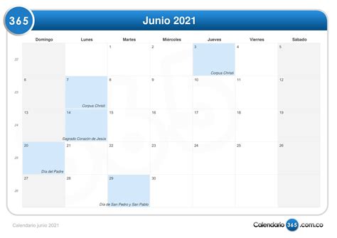 Calendario Junio 2021 Colombia