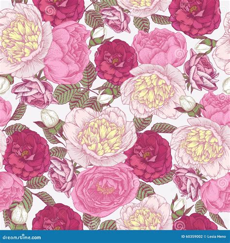 Vector Floral Seamless Pattern With Hand Drawn Peonies And Roses Stock