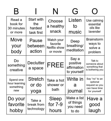 Stress Management Bingo Card