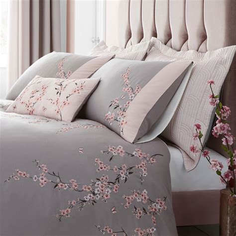 Catherine Lansfield Embroidered Blossom Grey Duvet Covers Pink Quilt Bedding Set Ebay