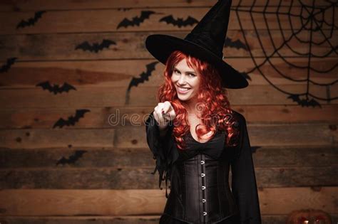 Halloween Witch Concept Beautiful Caucasian Woman In Witch Costumes