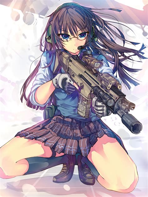 Wallpaper Anime Girls Knee Highs Skirt Gun Weapon Glasses