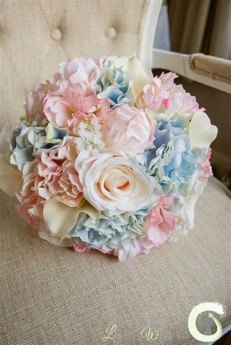 Wedding bouquets with pink and blue. Pale pink rose quartz and serenity blue silk wedding ...