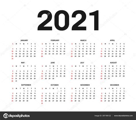 Calendario 2021 Plantilla Plantilla Calendario Colores Blanco Negro