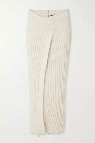 Balmain Distressed Wrap Effect Ribbed Cotton Blend Midi Skirt