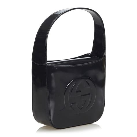 Gucci Vintage Double G Patent Leather Handbag Bag Black Leather