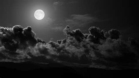 Grayscale Photo Of Full Moon Clouds Monochrome Nature Landscape Hd