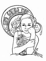 Coloring Nouveau Adults Adult Inspiration Drawing Dessin Mucha Visage Alphonse Woman Drawings Children Prefer Clipart Visit Nggallery Justcolor sketch template