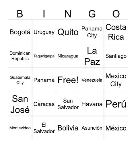 Latin American Countries And Capitals Bingo Card