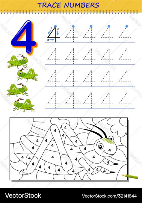 Educational Page For Kids With Number 4 Printable Vector Image