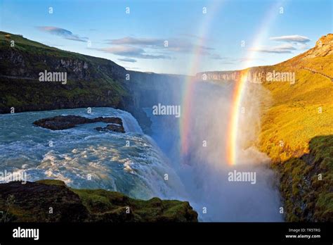 Gullfoss Waterfall And Double Rainbow Golden Circle Iceland