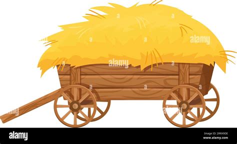 Wooden Cart With Hay Cartoon Golden Straw In Wagon Isolated On White