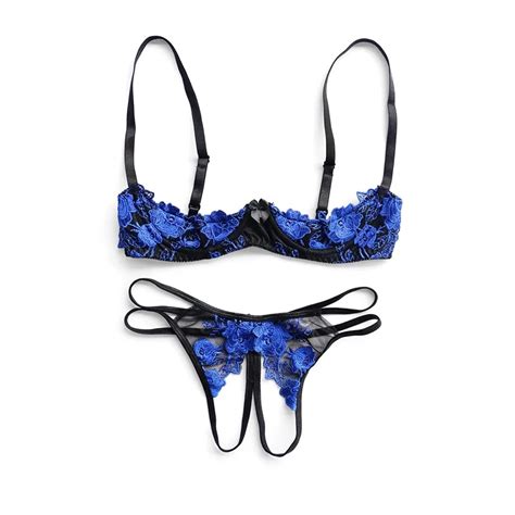 lingerie open chest crotchless thong underwear set female sexy suit embroidery push up lace bra