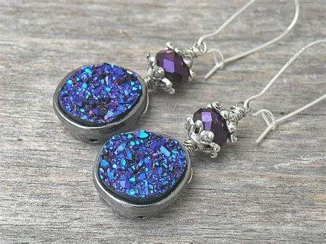 Electric Blue And Violet Purple Druzy Earrings Titanium Quartz Crystals