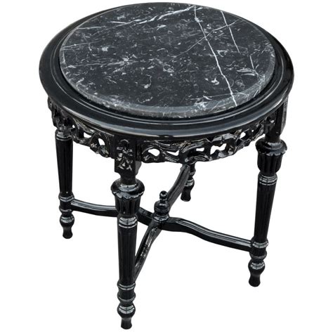 Round Louis Xvi Style Black Marble Side Table With Glossy Black Wood