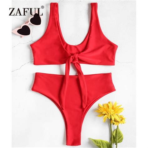 Zaful Knotted Bikini Swimwear Women High Waist Swimsuit Front Tie High Cut Bralette Bikini Set