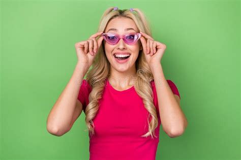 Photo Of Funny Excited Woman Wear Pink Top Arms Eyeglasses Open Mouth