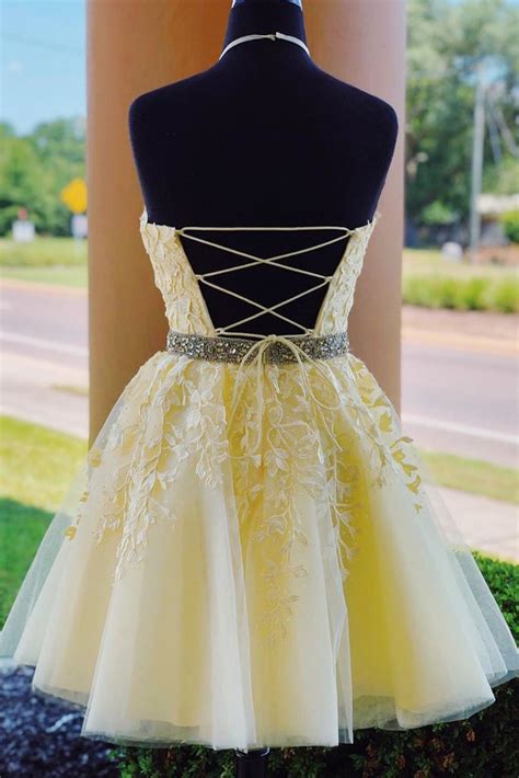 Light Yellow Halter Homecoming Dress With Lace Appliques A Line