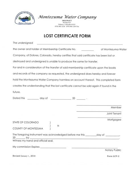 Lost Certificate Form Montezuma Water Company