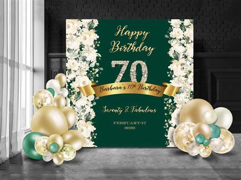 70th Birthday Backdrop Dark Green And Gold Party Banner Green Gold And White Floral Backdrop
