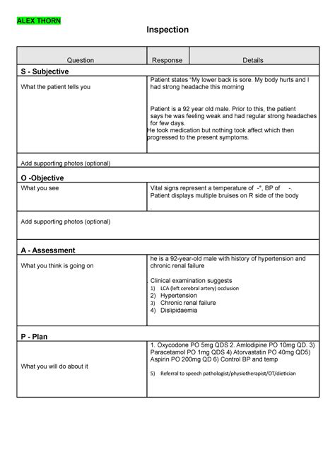 Soap Subjective Objective Assessment And Plan Notes Template