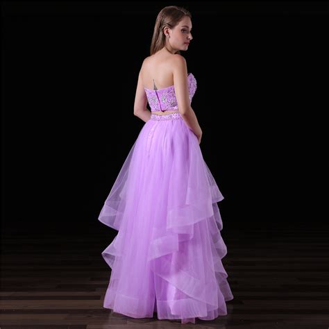 Purple Two Piece Prom Dress Strapless Long Girls Gown
