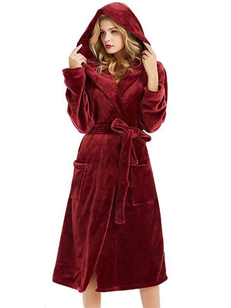 Womens Winter Warm Fluffy Fleece Hooded Bathrobe Dressing Gown