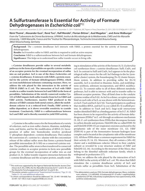 Pdf A Sulfurtransferase Is Essential For Activity Of Formate Dehydrogenases In Escherichia Coli