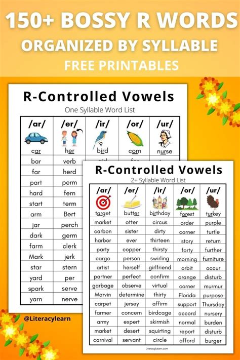 150 R Controlled Vowel Words Free Printable Lists R Words Teaching