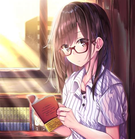 Wallpaper Anime Girl Meganekko Brown Hair Reading Moe