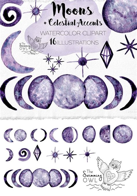 Watercolor Moon Clipart Moon Phases Clipart Celestial Etsy