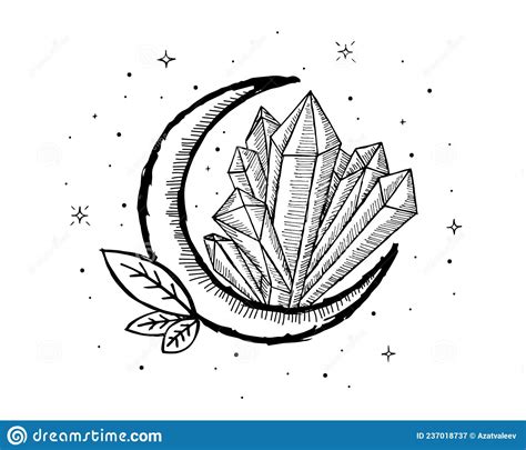 Mystical Moon With Crystals Stars And Leaves Hand Drawn Astrology
