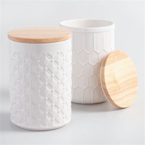 White Textured Ceramic Canisters With Bamboo Lids Set Of 2 World