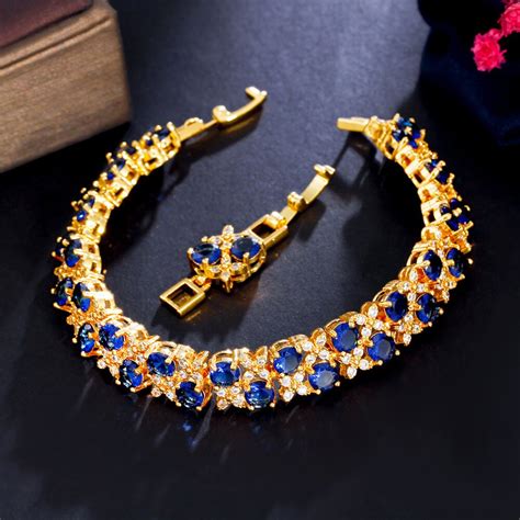 Cwwzircons Royal Blue Cubic Zirconia Round Shape Gold Plated Big Luxury