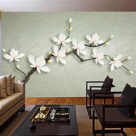 Chinese Style 3d Stereo Magnolia Flower Mural Wallpaper Modern Living