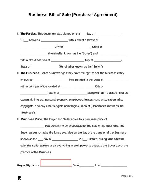 Free Business Bill Of Sale Form Purchase Agreement Pdf Word Eforms