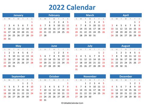 Printable 2022 Calendar Landscape Orientation
