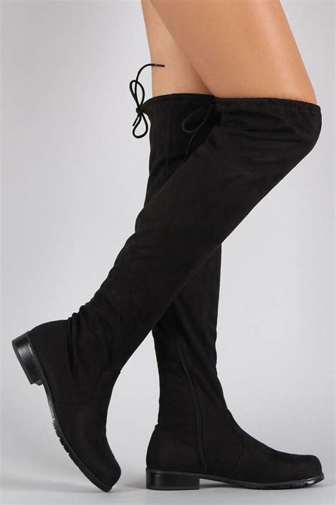 Bamboo Suede Drawstring Over The Knee Flat Boots Thigh High Boots