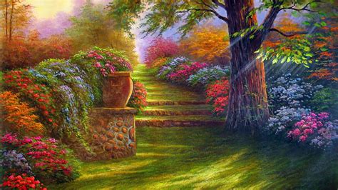 Download Nature Greenery Flower Tree Path Artistic Landscape Hd Wallpaper