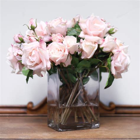 Blush Pink Real Touch Rose And Buds Floral Arrangement In Modern Glass R