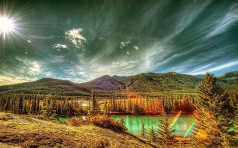 Landscape Nature Canada Mountain Forest Clouds River Sun Rays
