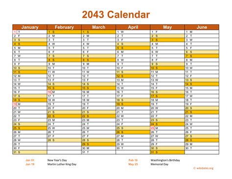 2043 Calendar On 2 Pages Landscape Orientation