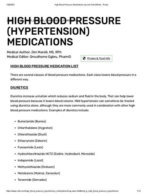 High Blood Pressure Medications List And Side Effects Rxlist Pdf