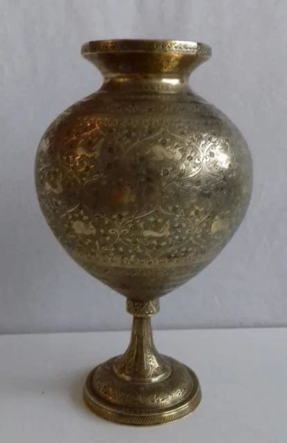 Antique Indian Asian Heavily Engraved Brass Religious Chalice Vase