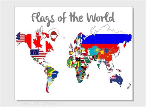 Flags Of The World Map Poster World Map Flags Flag Map Art Etsy
