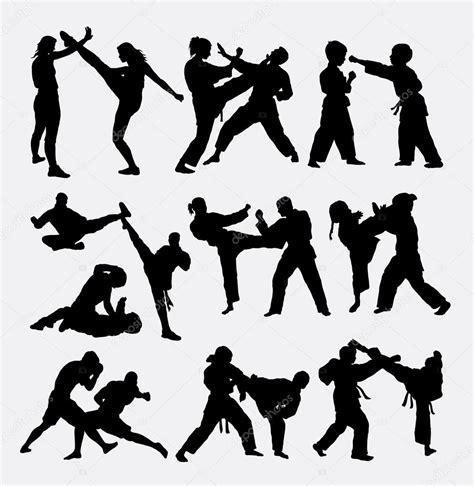 People Fighting Duel Martial Art Silhouette — Stock Vector