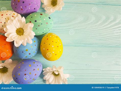 Easter Eggs Tradition Flowers Rustic Pattern Blue Wooden Background