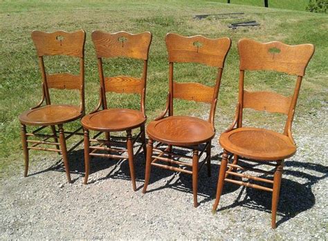 Antique Set of 4 Oak Dining Room Chairs with Tiger Oak Round Seats