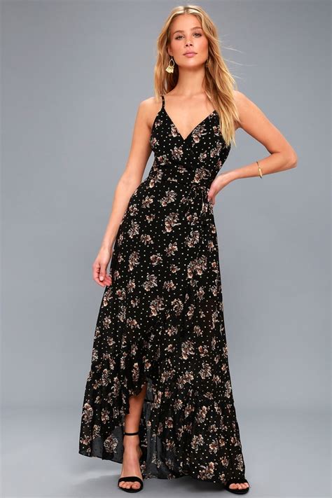 Lovely Black Dress Floral Print Wrap Dress Maxi Dress Lulus